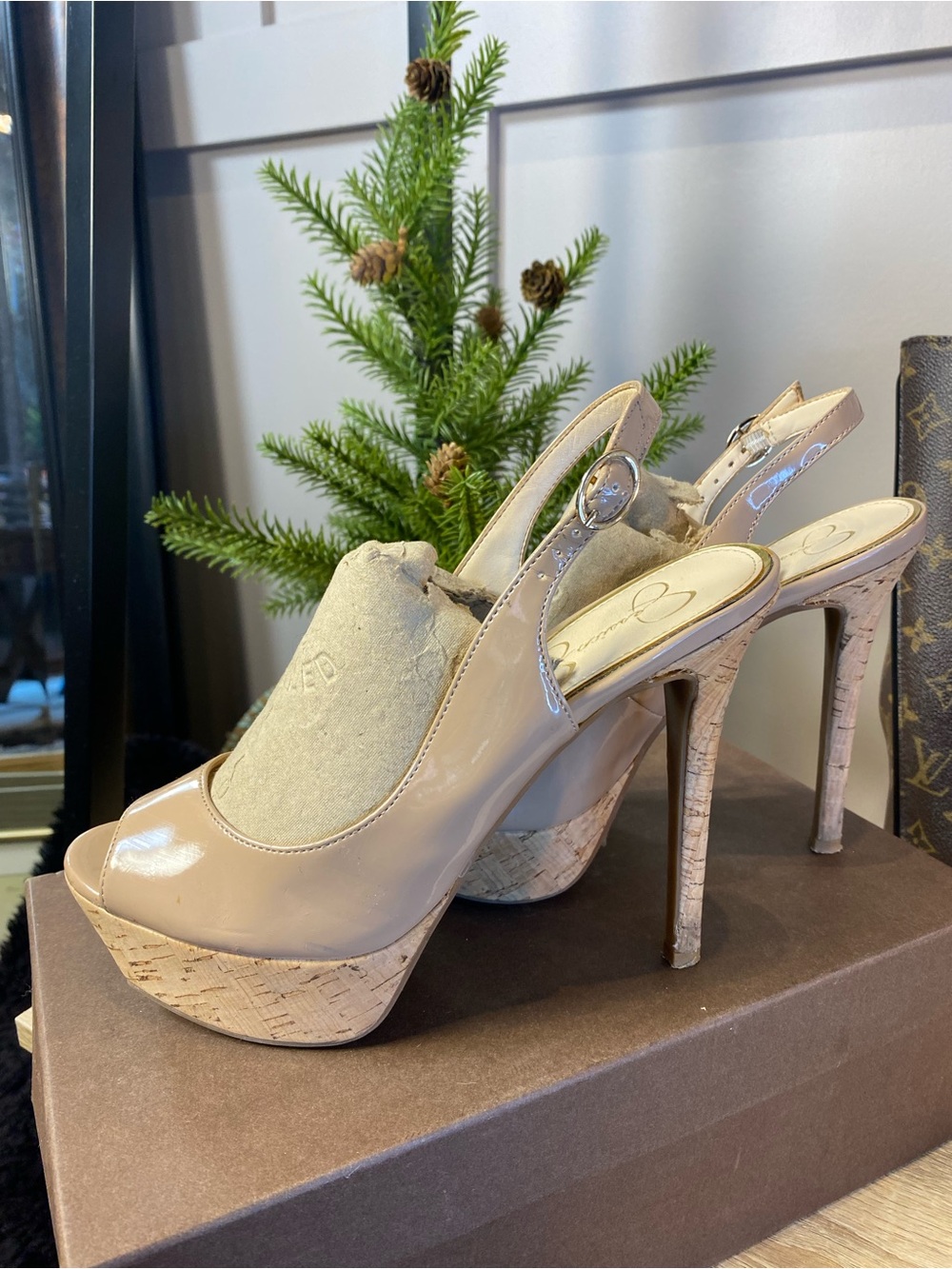 Jessica Simpson Nude Patent Cork Platform Slingback Heels 7.5